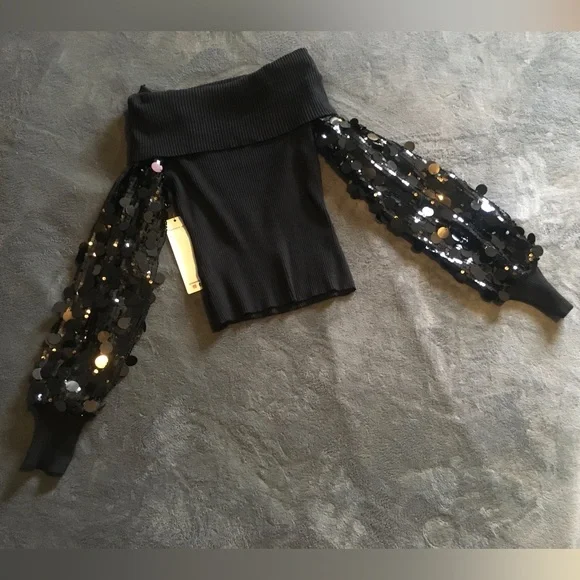 Madden Girl Black Sequin Sleeve Sweater - Picture 4 of 5